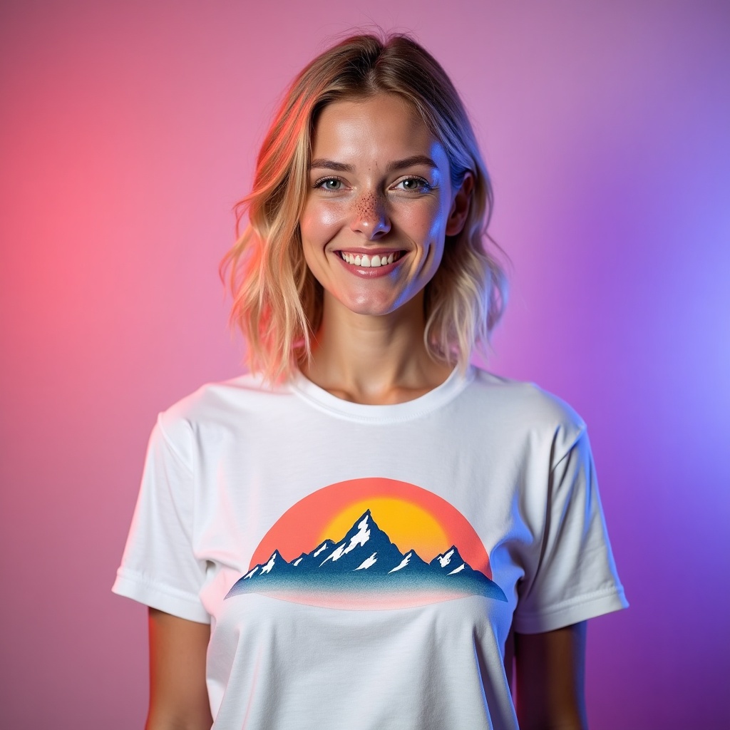 Model in a white tee with a mountain sunset design