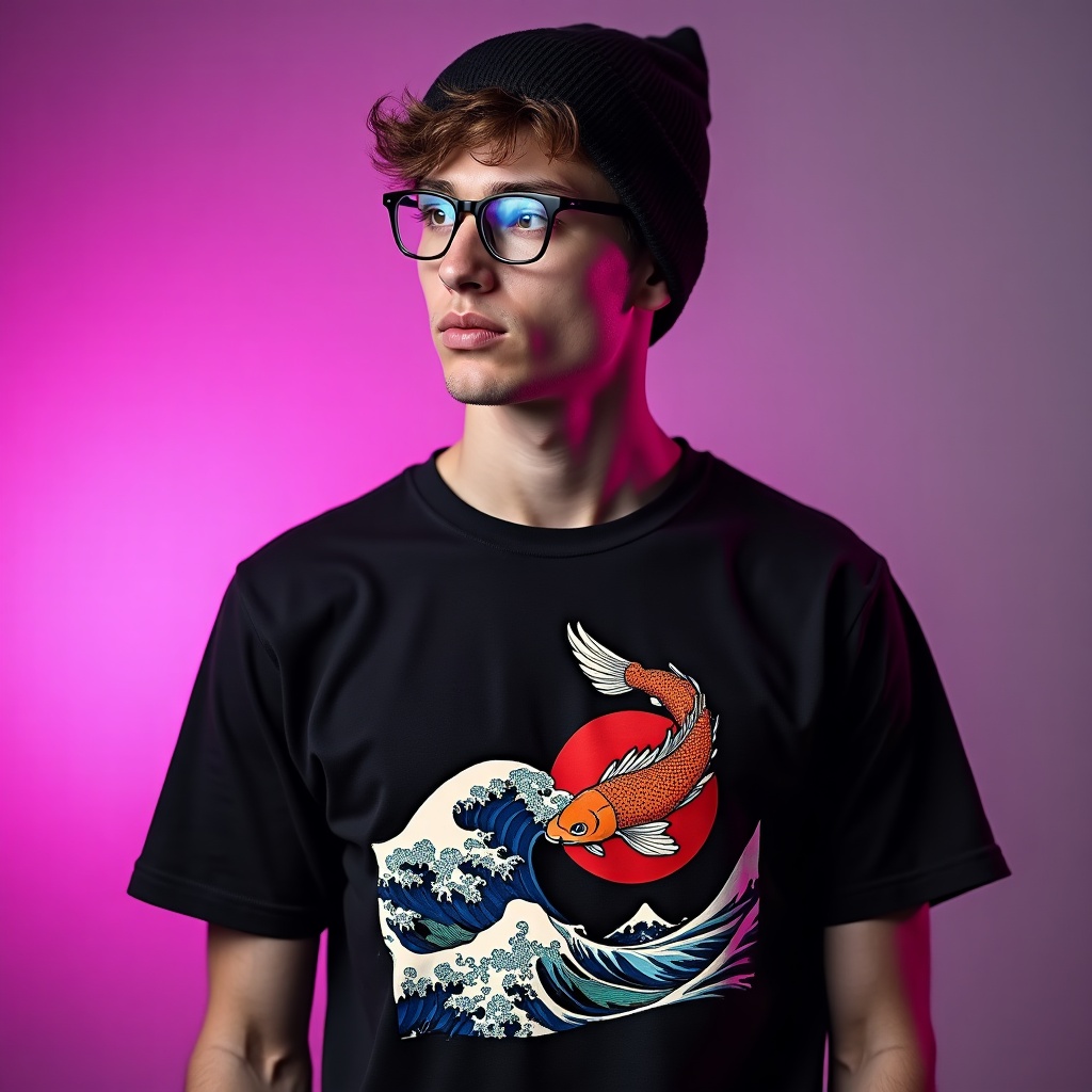 Model in a black tee with a koi and wave design