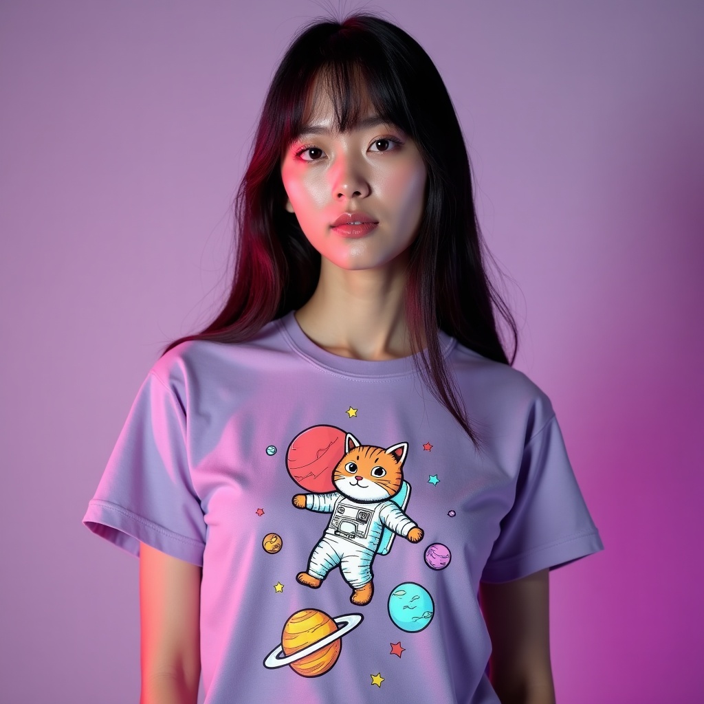Model in a lavender tee with an astronaut cat design