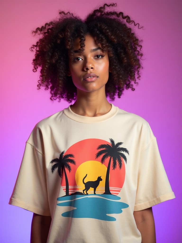 A model wearing a Driptee tee with an AI-generated retro sunset design