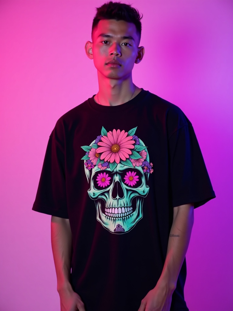 Model in a black tee with a floral skull design