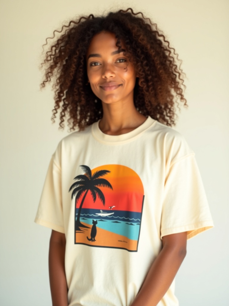 A model wearing a Driptee tee with a retro sunset beach design
