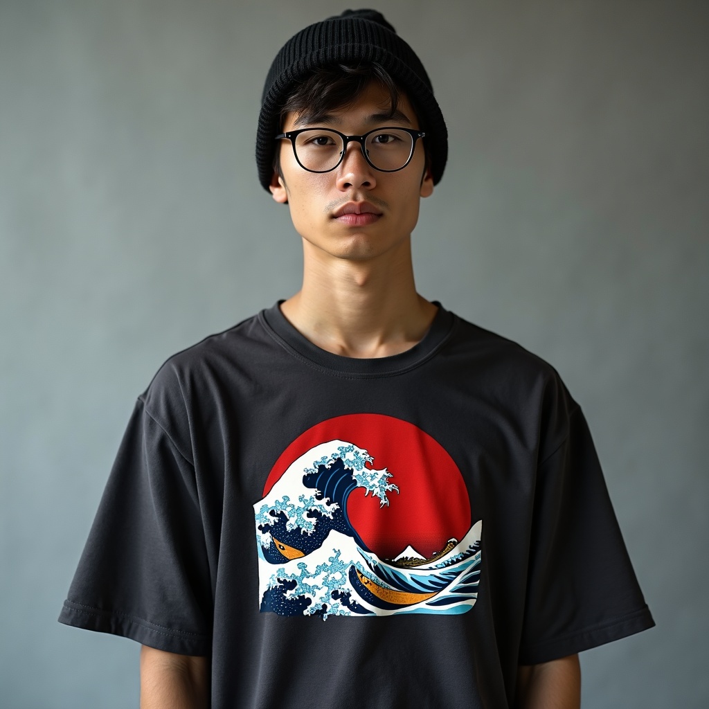 Model in a charcoal tee with a great-wave and koi design