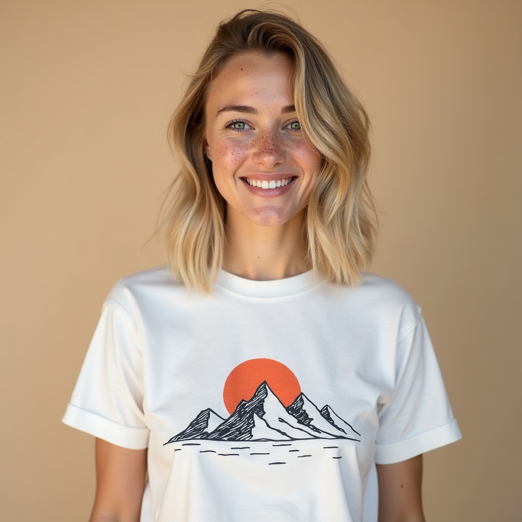 Model in a white tee with a minimal mountain and sun design