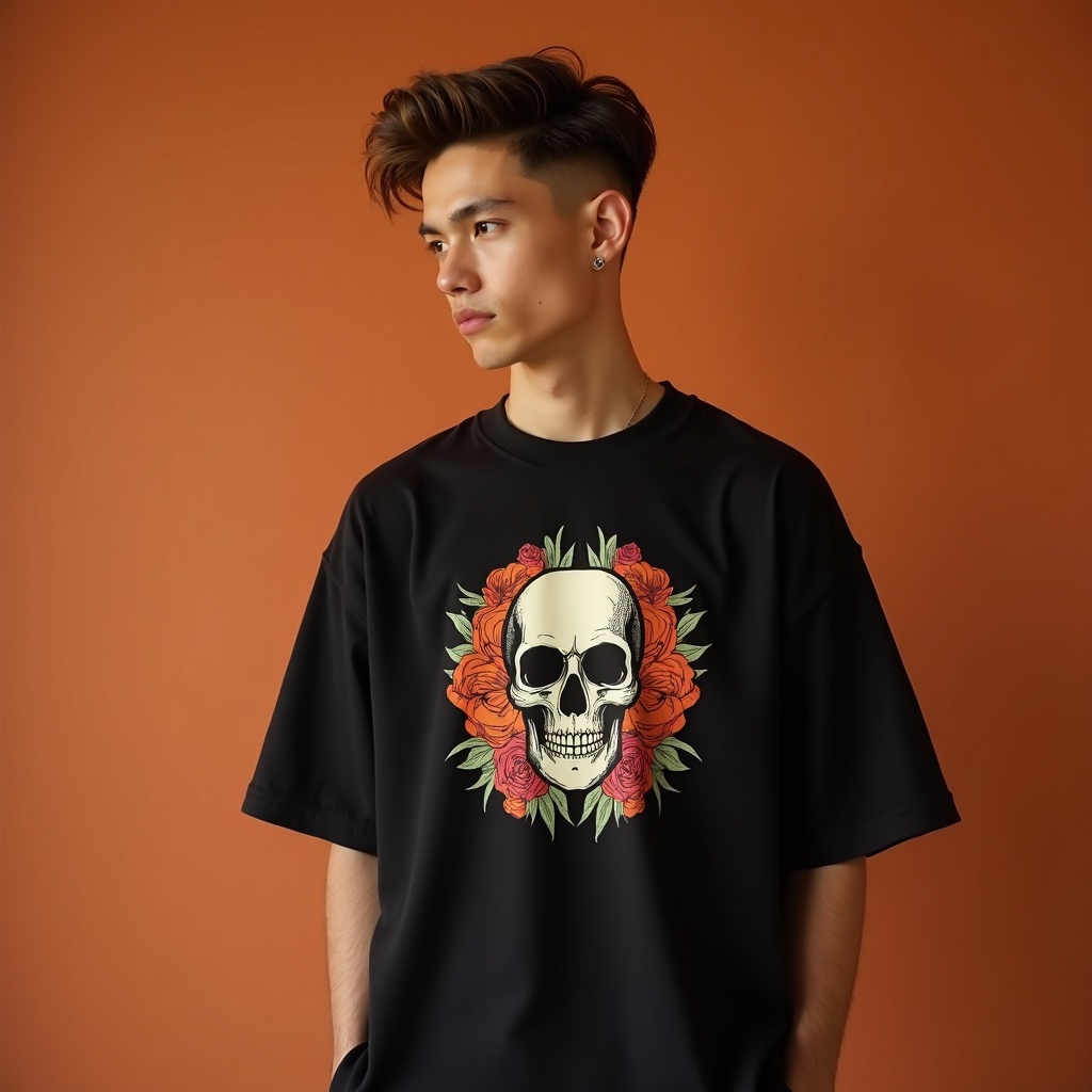 Model in a black tee with a skull and roses design