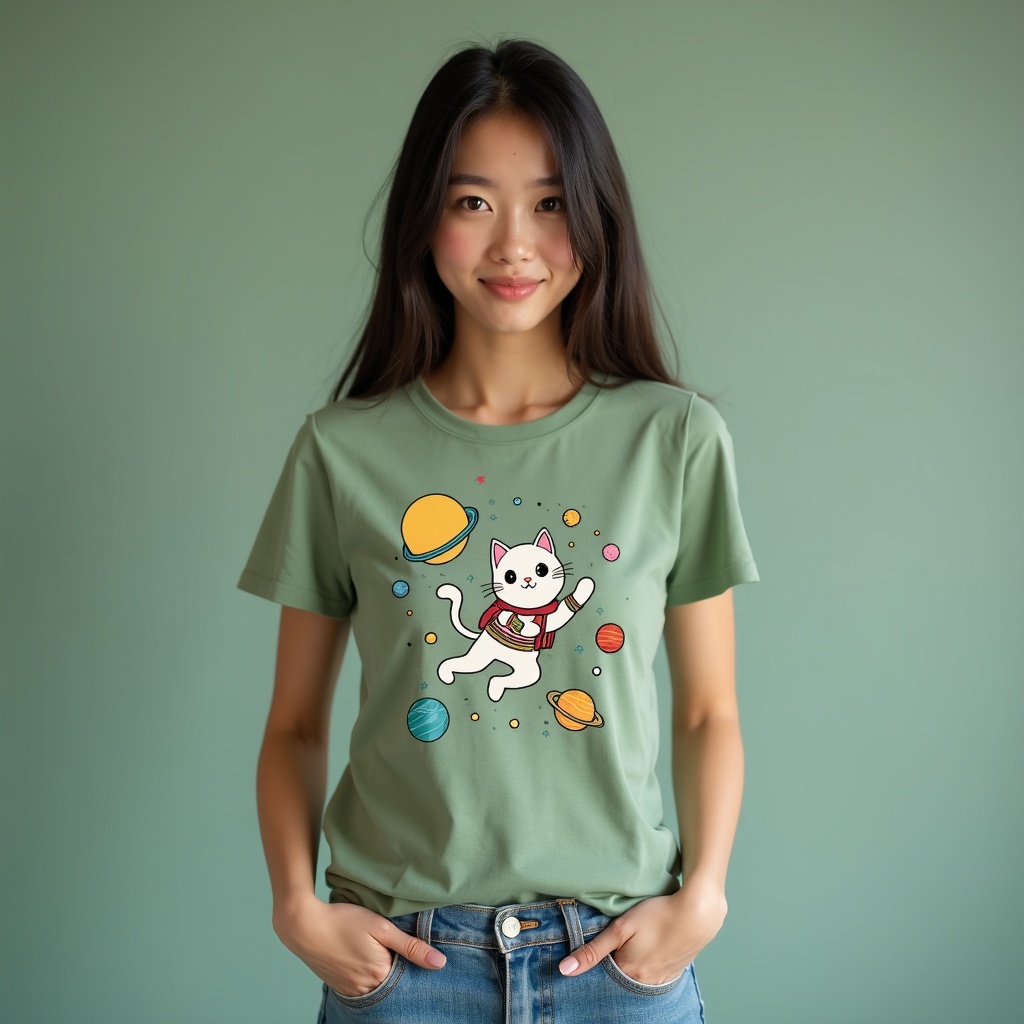 Model in a sage-green tee with an astronaut cat design